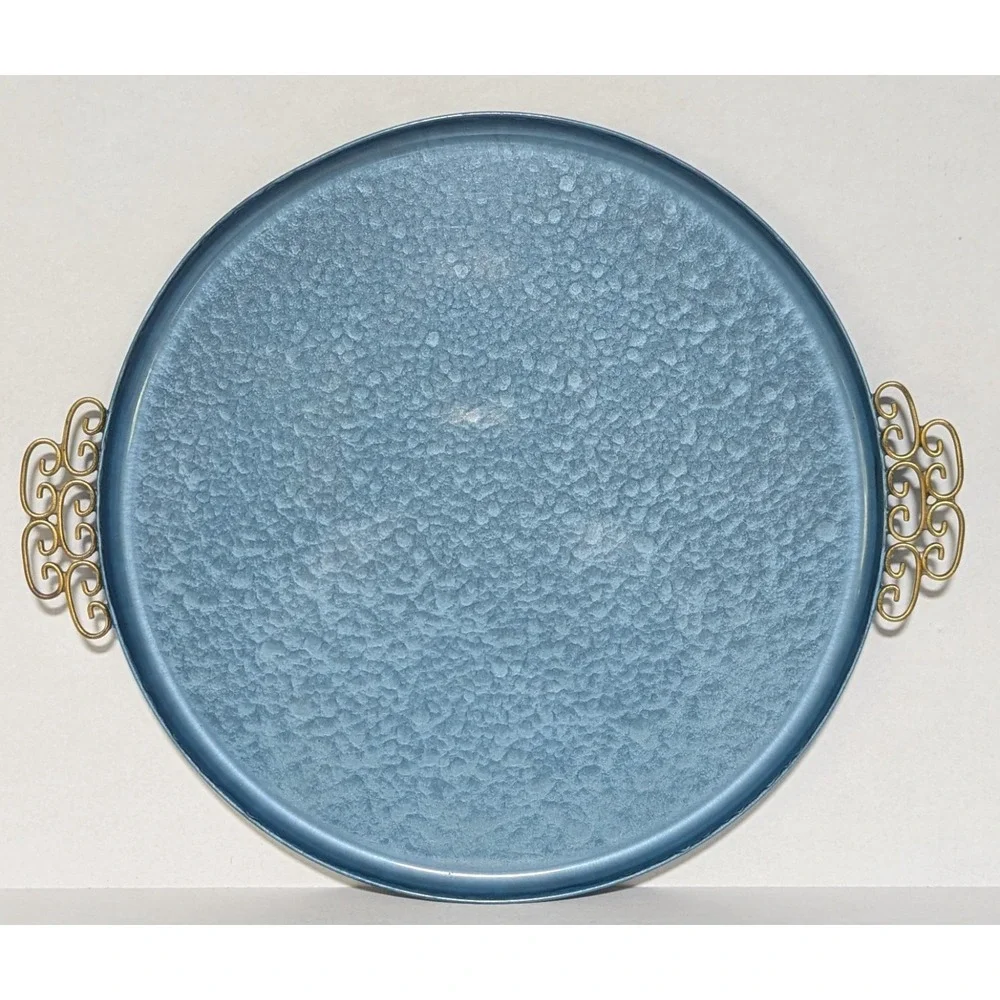 Vtg 50s–60s Kyes Pasadena Blue Moiré Glaze Round Serving Tray with Brass Scroll